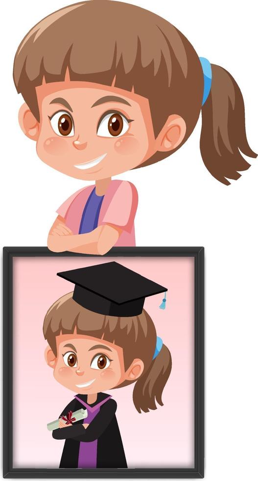 personaje de dibujos animados de una niña sosteniendo su foto de retrato de graduación vector