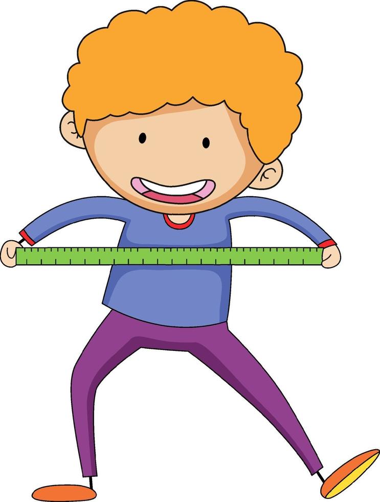 Cute boy holding ruler doodle cartoon character isolated vector