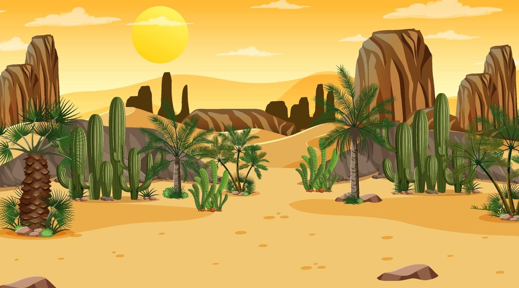 paisaje de bosque desértico en la escena del atardecer con oasis vector