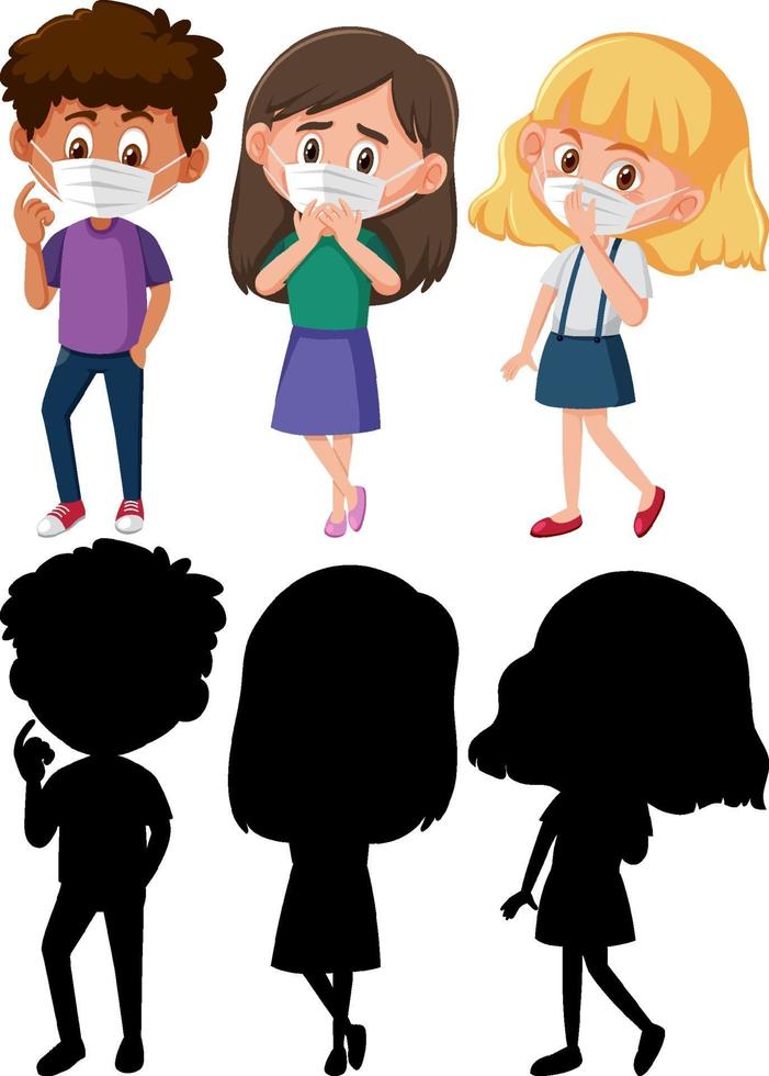 Set of different kids wearing mask cartoon character with silhouette vector