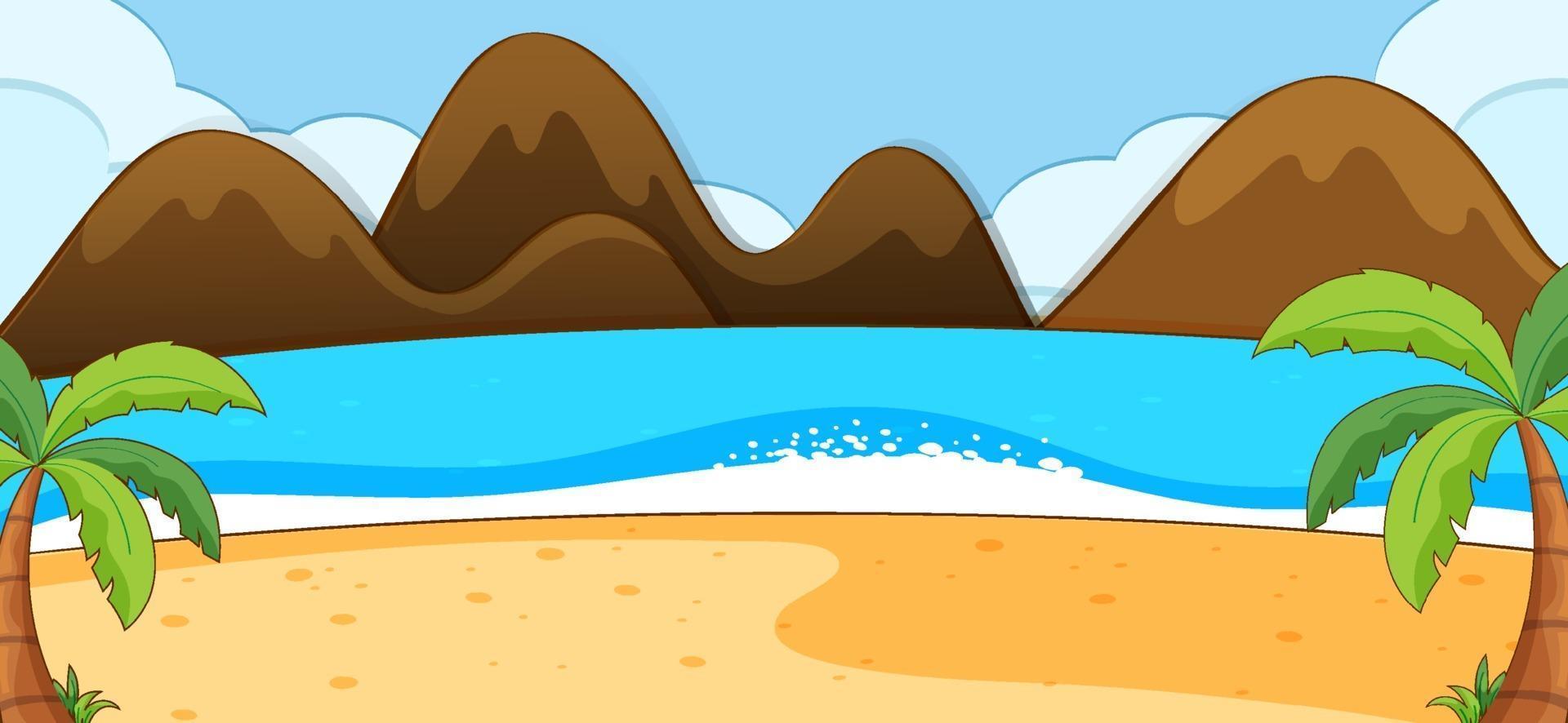 Escena de playa vacía con cocoteros y montaña en estilo simple. vector