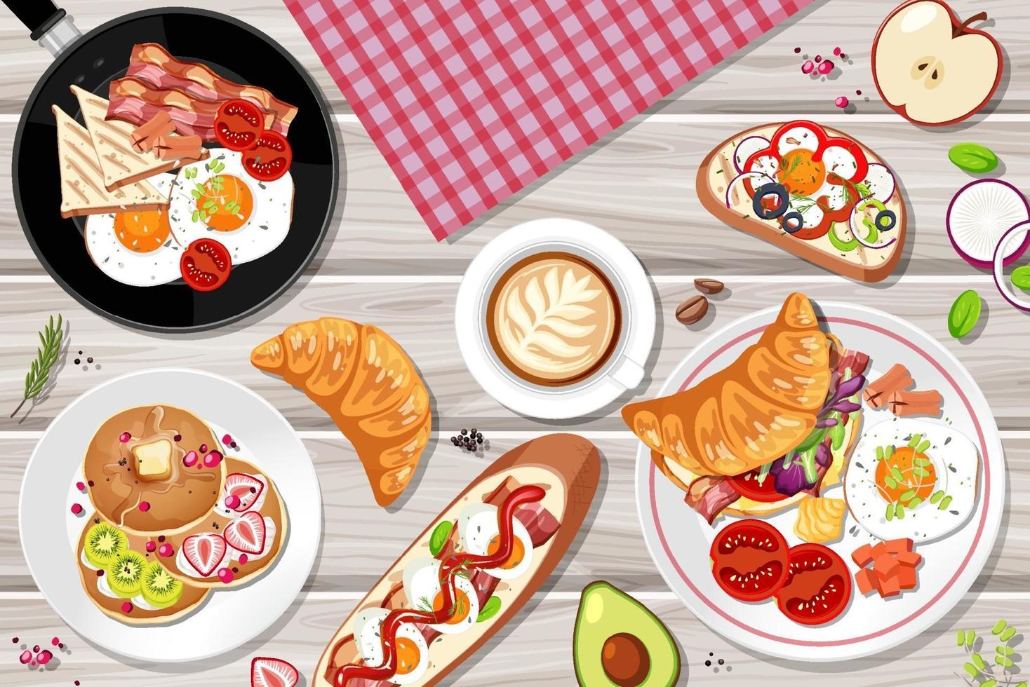 Top view of breakfast set on the table vector