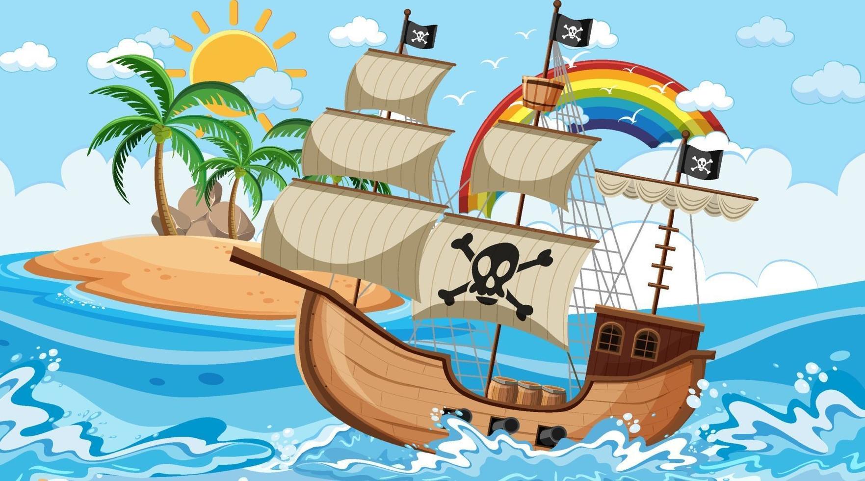 océano con barco pirata en la escena diurna en estilo de dibujos animados vector