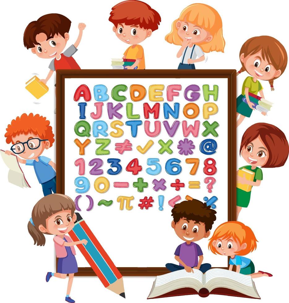 A-Z Alphabet board with many kids doing different activities vector