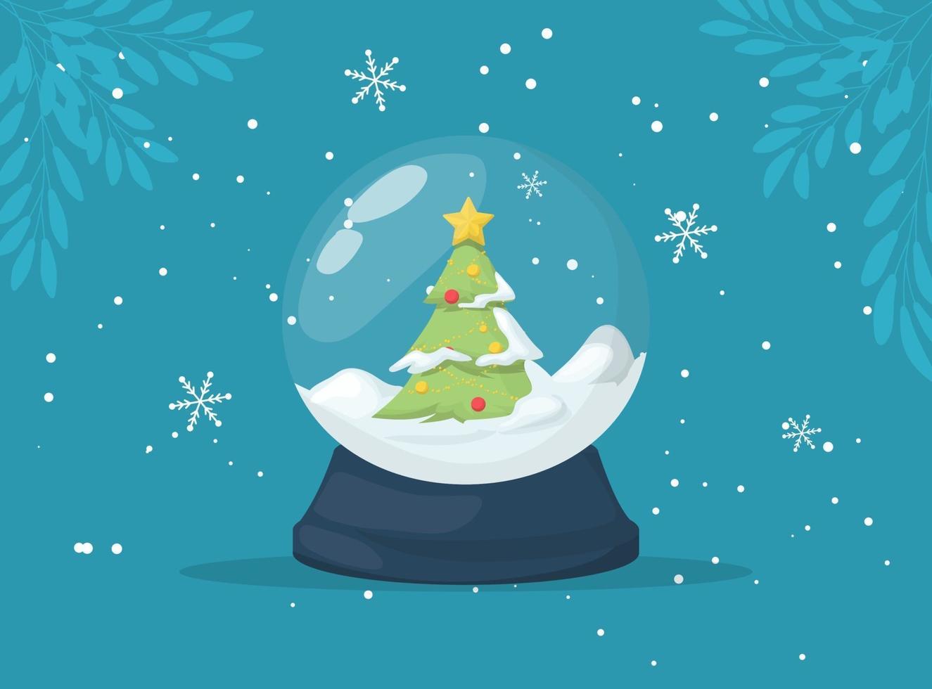 Christmas Snow globe with falling snow and christmas tree, vector illustration.