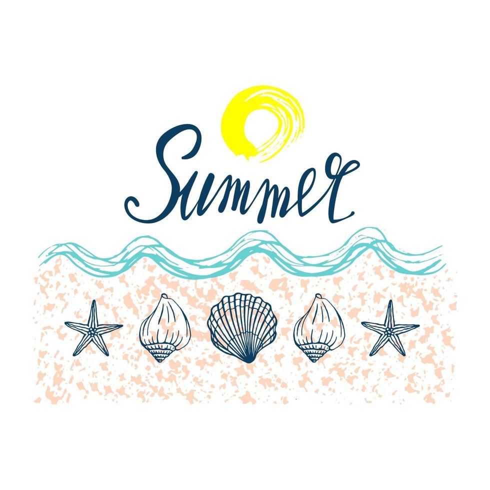 Seashells, summer, holidays, set of seashells and starfish, vector. Hand drawn sea shells and starfishes. Beautiful inscription in modern calligraphy. vector