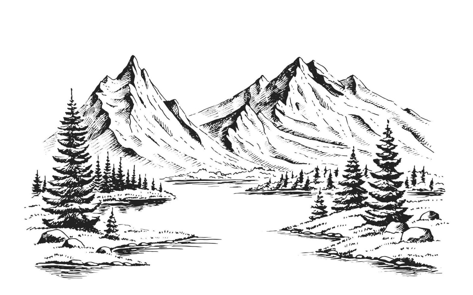 Ilustración de naturaleza vectorial dibujada a mano con montañas y bosques en la primera vista. Utilizando para viajes y naturaleza, fondo y tarjeta. vector