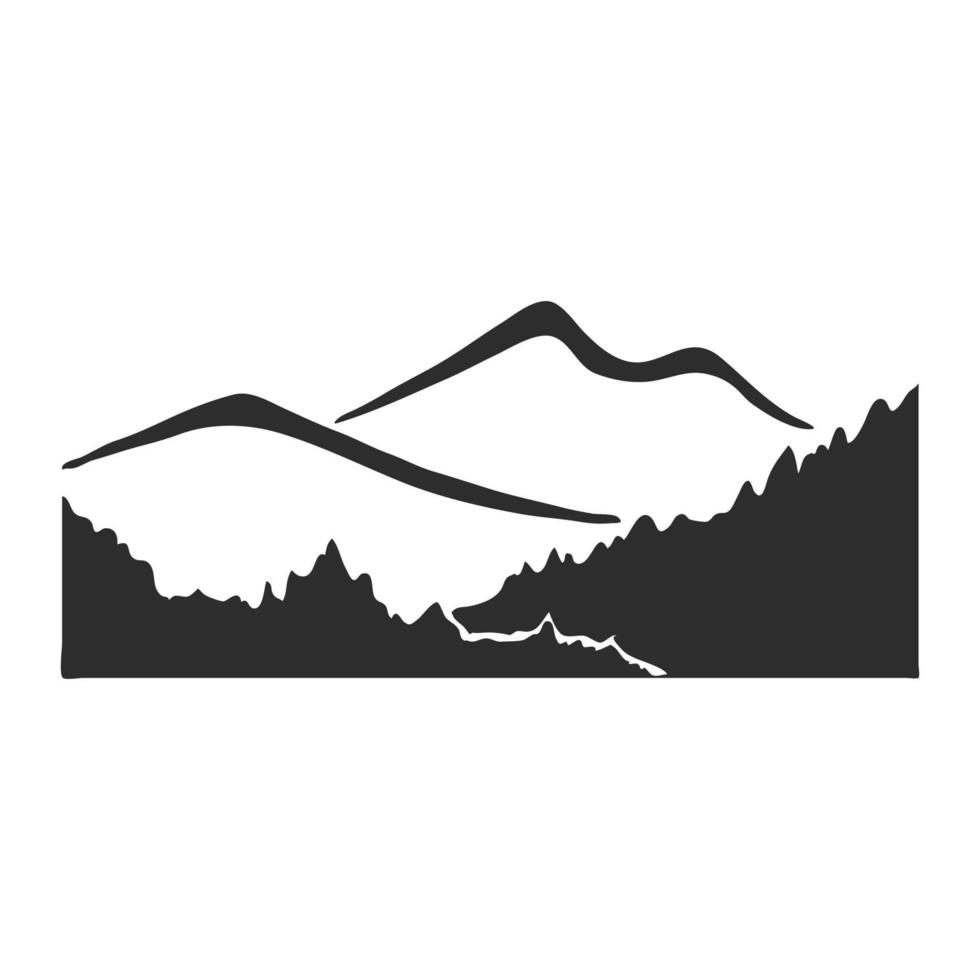 Mountain with pine trees and landscape black on white background. Hand drawn rocky peaks in sketch style. Vector illustration.