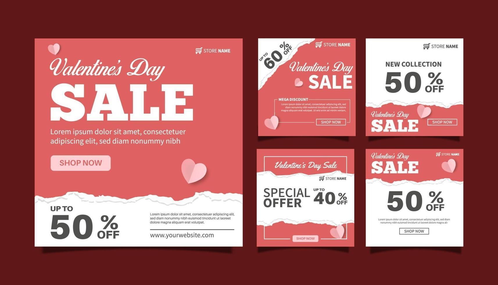 Set of Valentine's day sale banner promotion, discount marketing for social media post template collection. Web banner advertising design vector