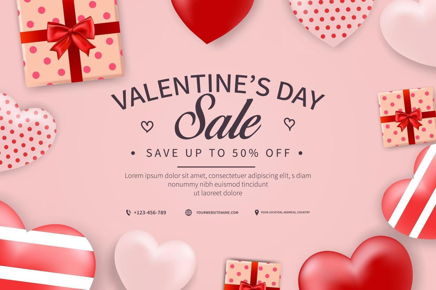 Valentine's day sale banner with realistic hearts, gift on red background concept. promotion and shopping valentine template design vector