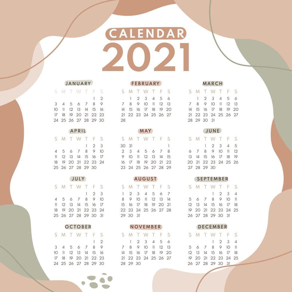 Abstract calendar layout for 2021 calendar design template. Week starts on Sunday. Single Page calendar 2021 design vector