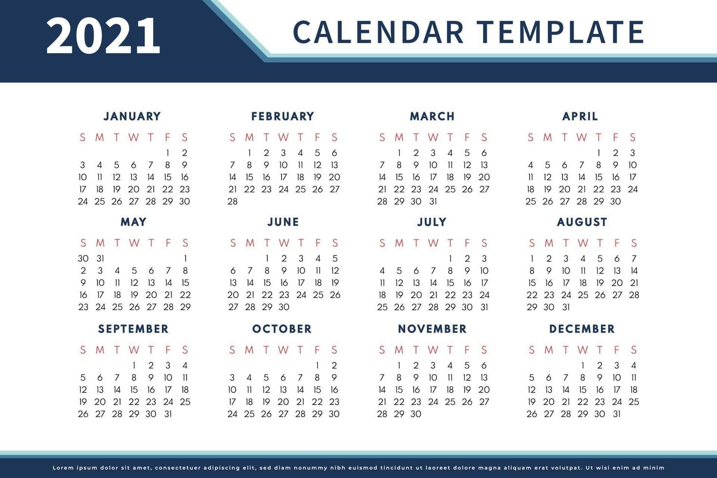 Abstract calendar layout for 2021 calendar design template. Week starts on Sunday. Single Page calendar 2021 design vector