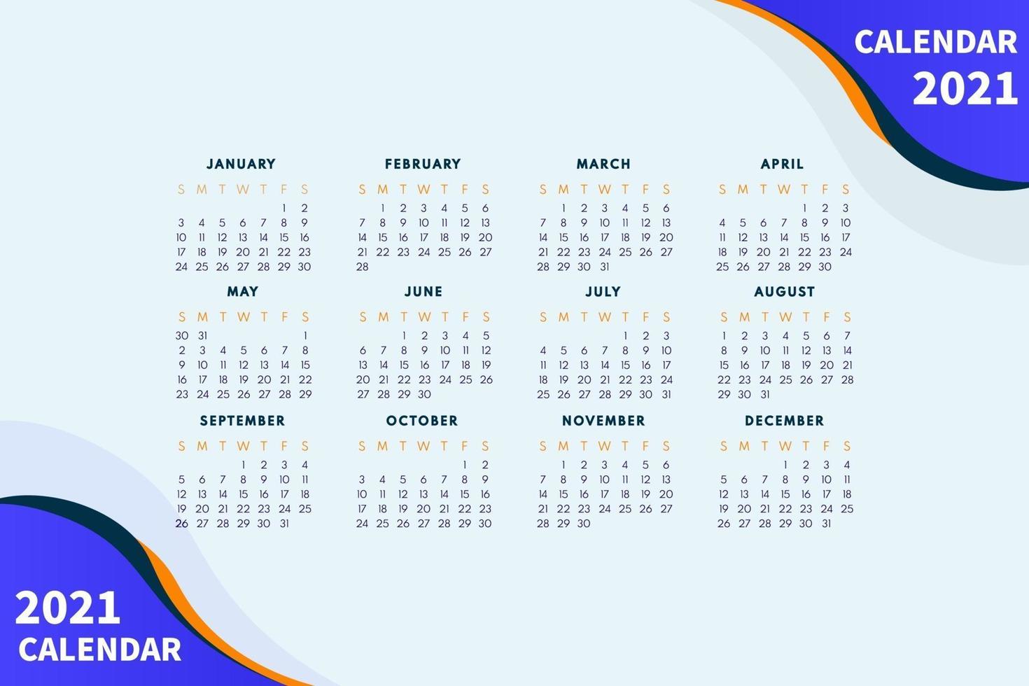 Abstract calendar layout for 2021 calendar design template. Week starts on Sunday. Single Page calendar 2021 design vector