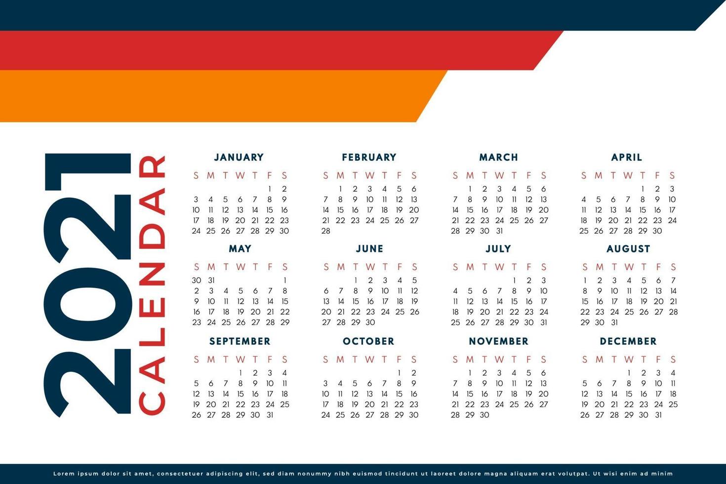 Abstract calendar layout for 2021 calendar design template. Week starts on Sunday. Single Page calendar 2021 design vector