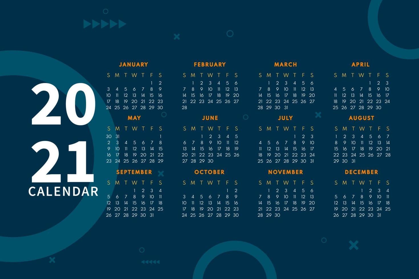 Modern calendar layout for 2021 calendar design template. Week starts on Sunday. Single Page calendar 2021 design vector