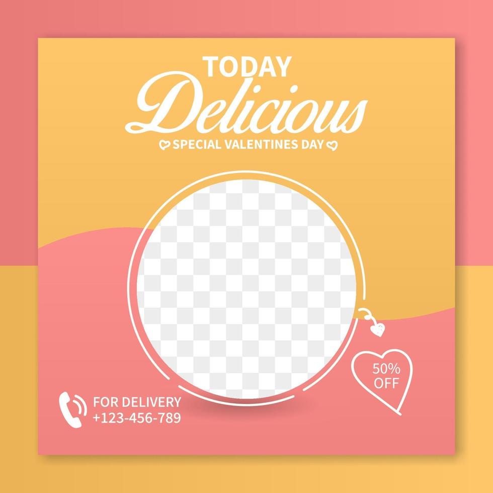 Restaurante menú de comida rápida plantilla especial de publicación de redes sociales del día de San Valentín. vector de concepto de publicidad de banner web