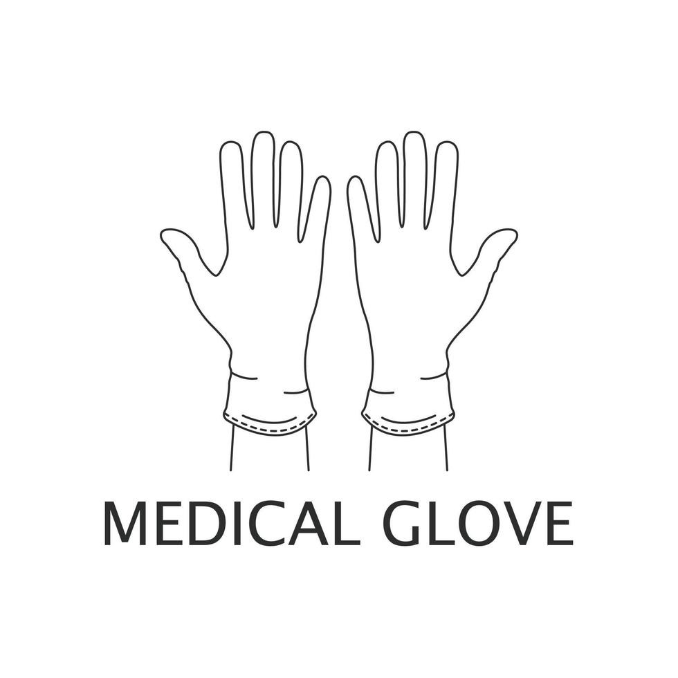 Medical latex gloves on the hands along the contour. Protection against viruses and bacteria. Sign, symbol, icon on a white background. Vector flat style with text