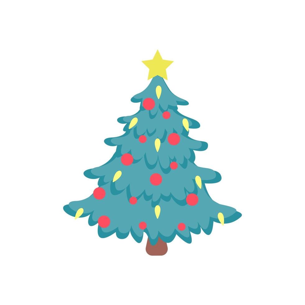 Vector de imagen plana de un árbol de Navidad con globos rojos y una estrella amarilla brillante en la parte superior sobre un fondo blanco.