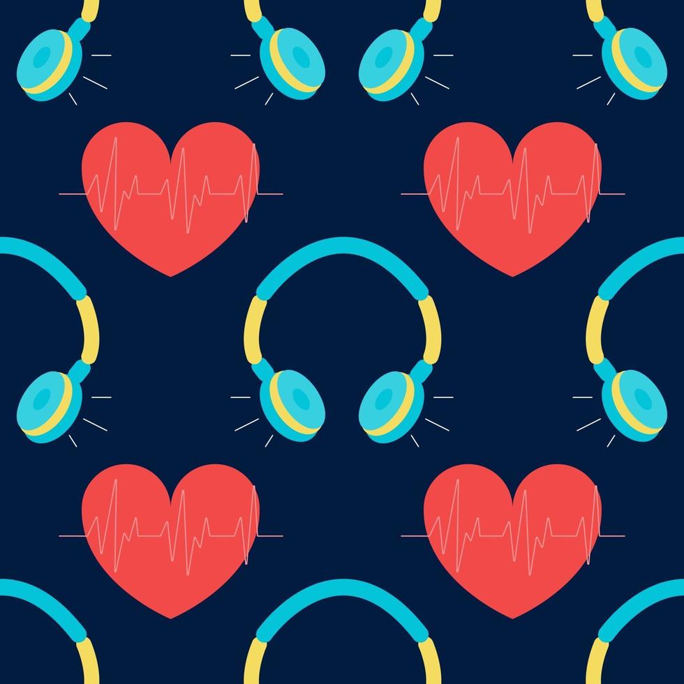 Vector seamless pattern with headphones and heart, background music