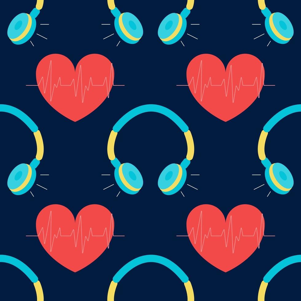 vector de patrones sin fisuras con auriculares y corazón, música de fondo