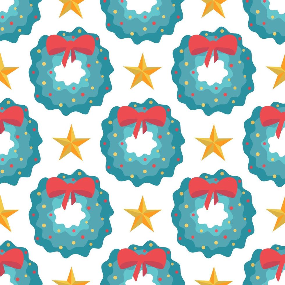 Seamless pattern of Christmas wreaths with red bow and stars on white background, vector flat style