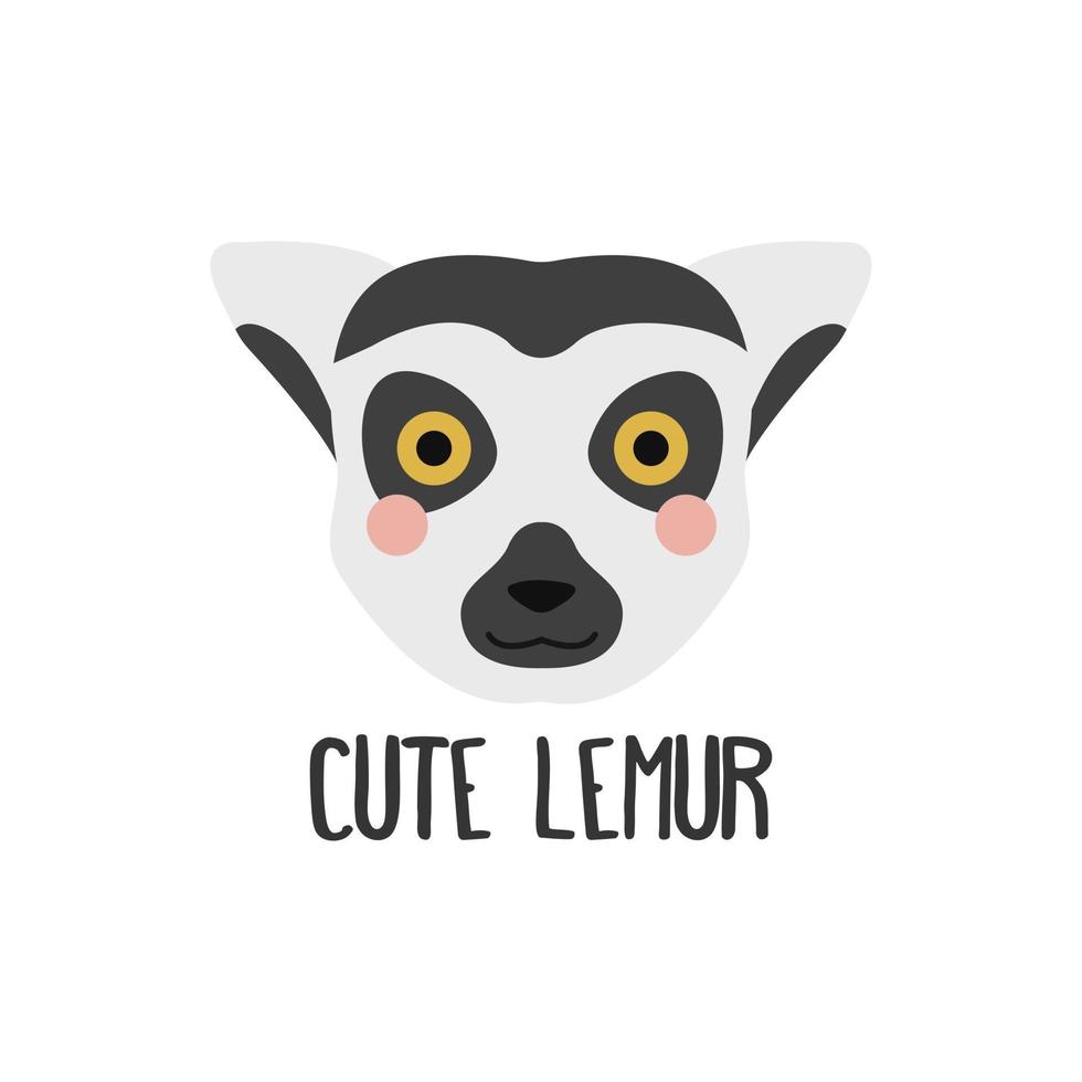 Vector image of a cute lemur face with an inscription on a white background, flat style. Logo, icon