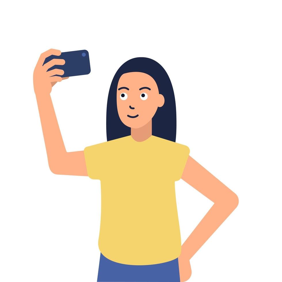 Ilustración vectorial de una niña tomando un selfie, estilo plano sobre un fondo blanco, adolescente, teléfono inteligente vector