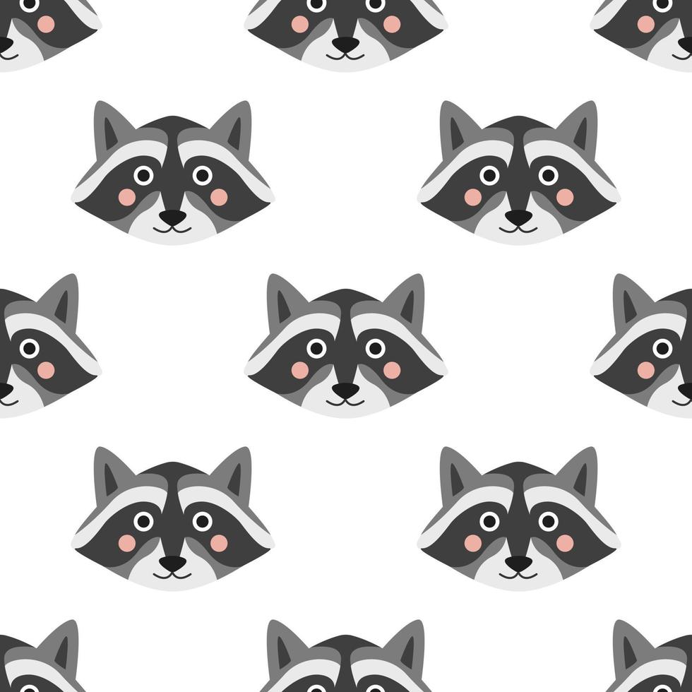 Vector seamless pattern with cute raccoon faces on white background. Children's print for children's room in Scandinavian style