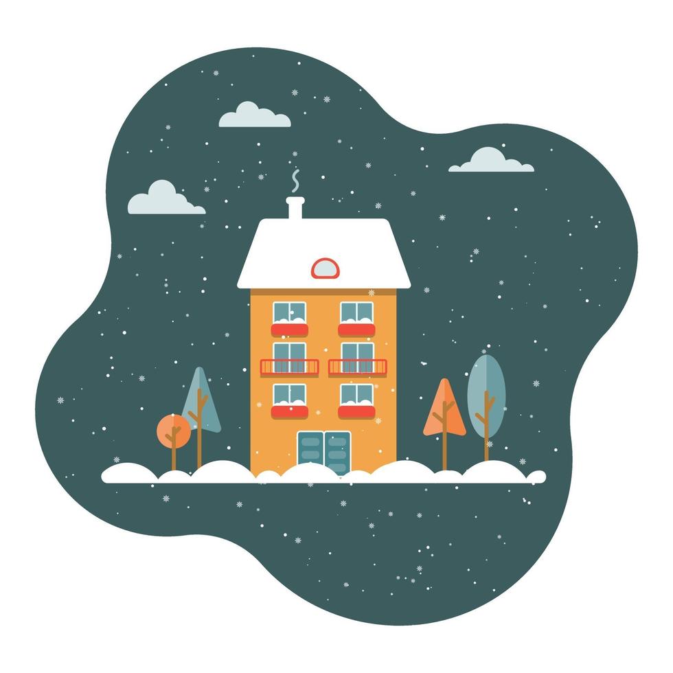 Vector flat illustration with orange house and trees on dark background, snowy night. Winter