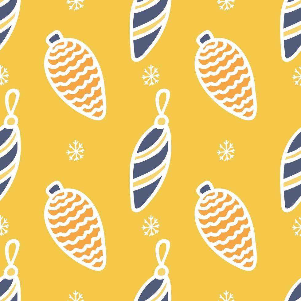 Seamless pattern of colored Christmas toys with a white outline on a yellow background with snowflakes, vector flat Christmas picture
