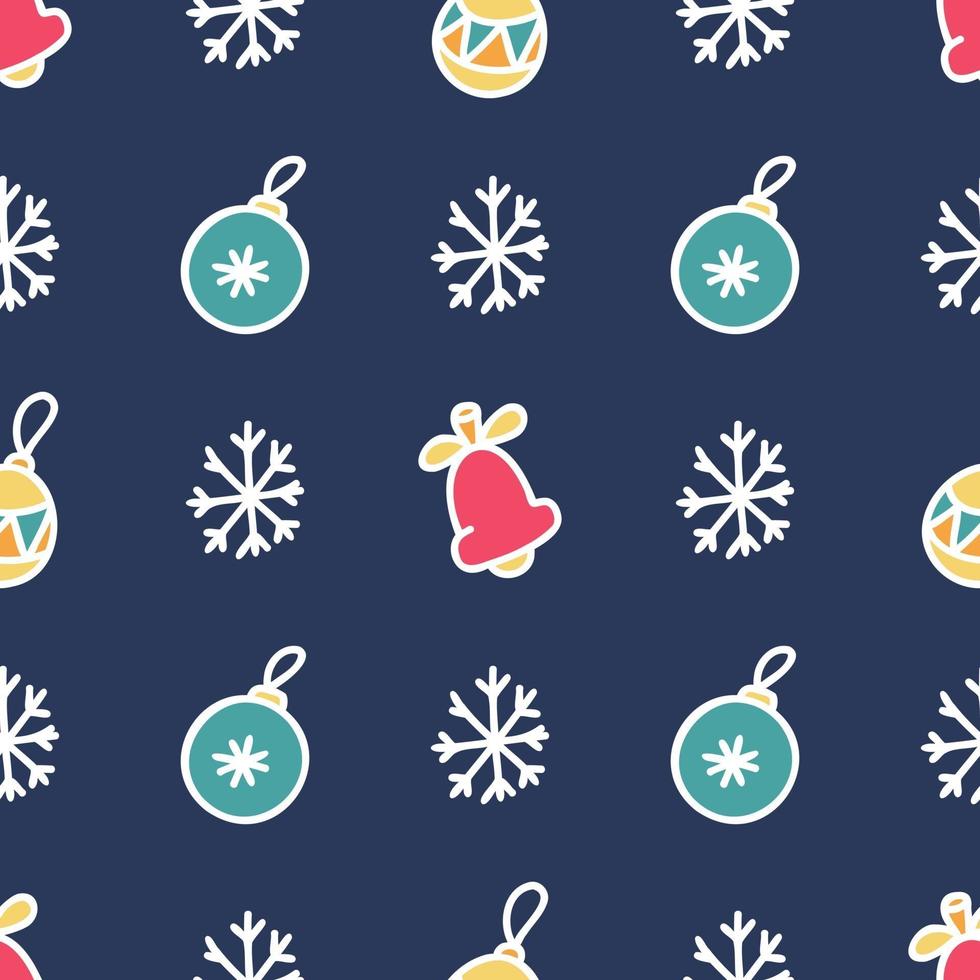 Seamless pattern of Christmas tree toys and snowflakes on a dark blue background, vector flat Christmas picture