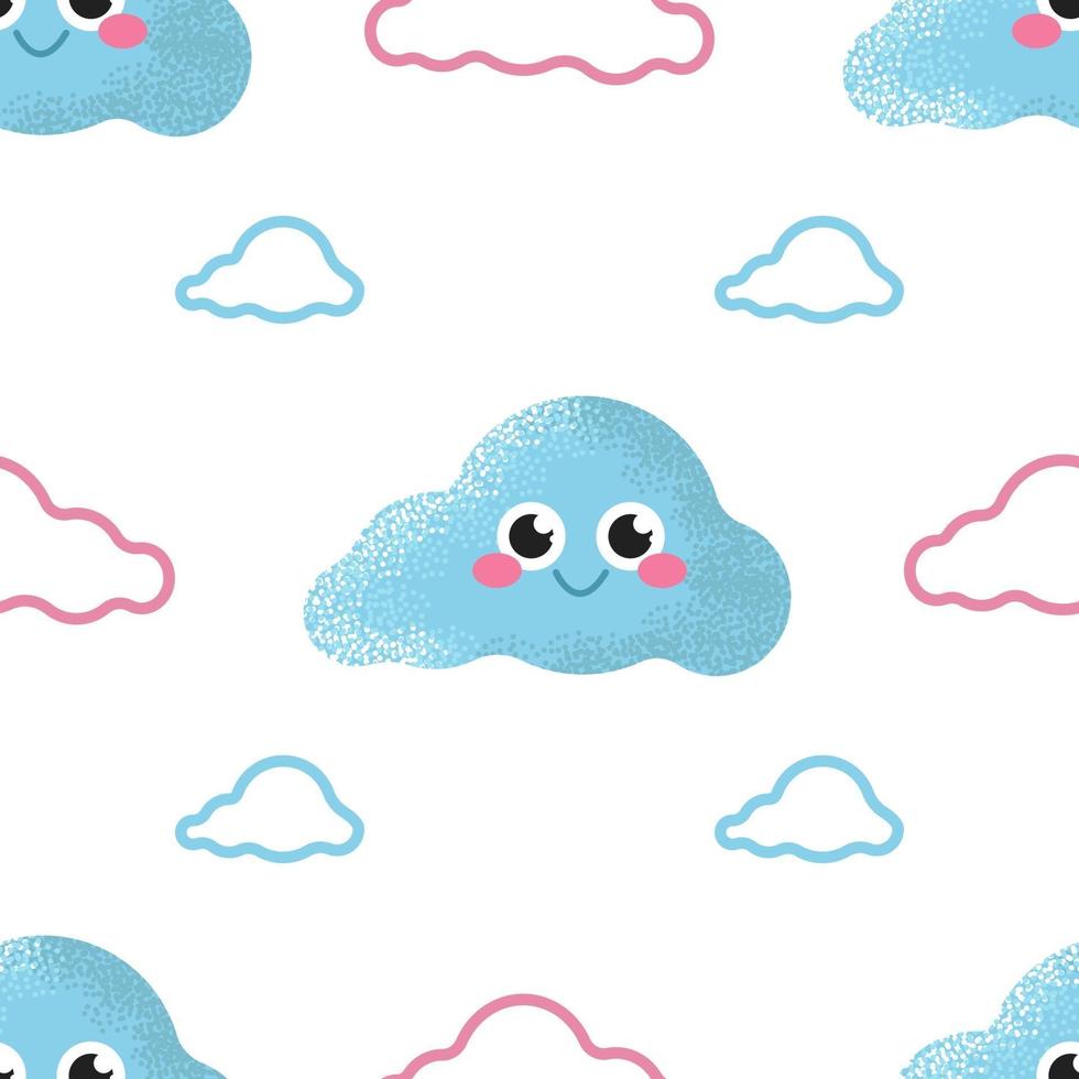 Vector seamless pattern with a blue cheerful cloud on a white background, children's illustration