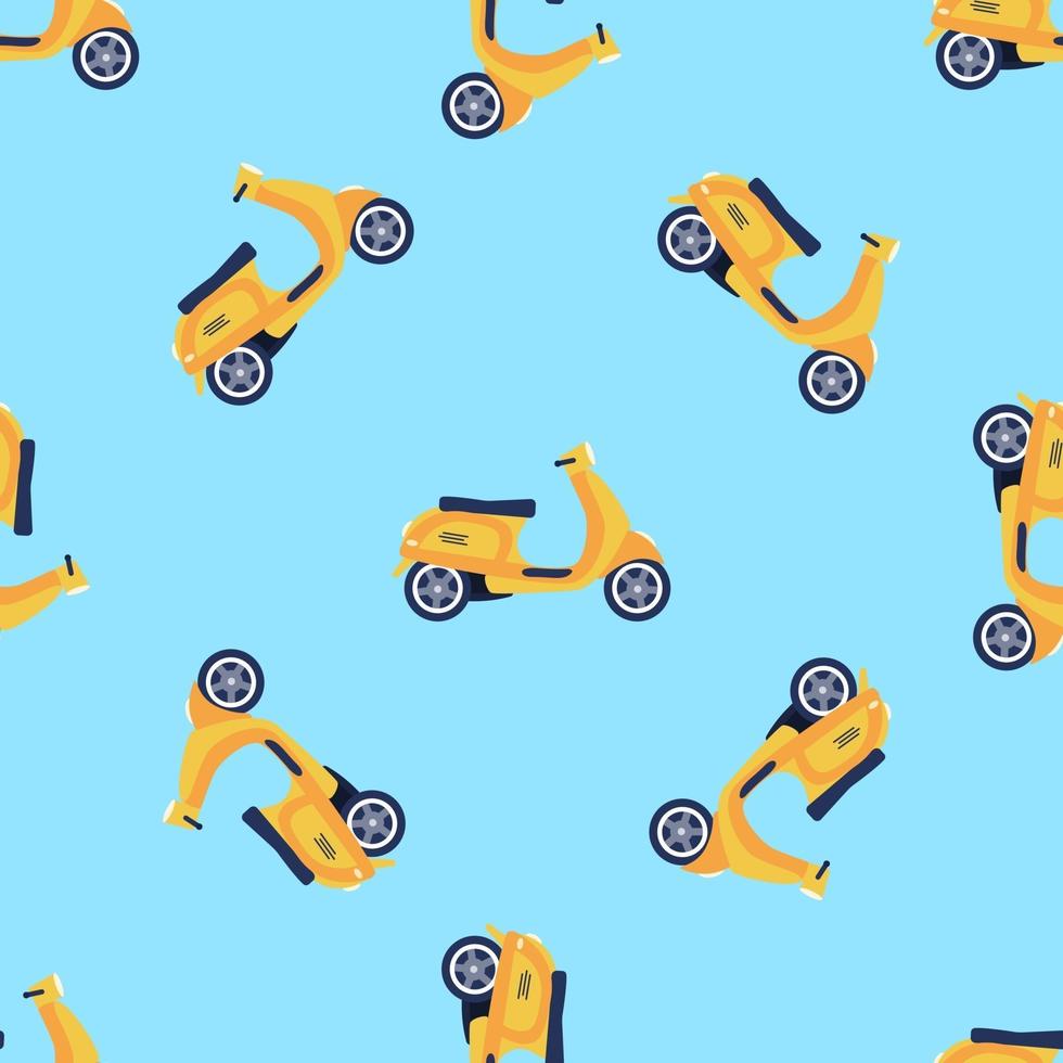 Vector seamless pattern with yellow scooters on a blue background, children's bright drawing