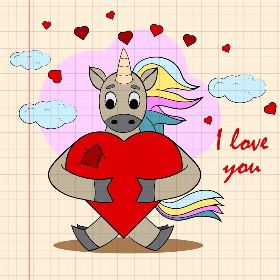 Childrens illustration with  little unicorn hugging heart with I love you vector
