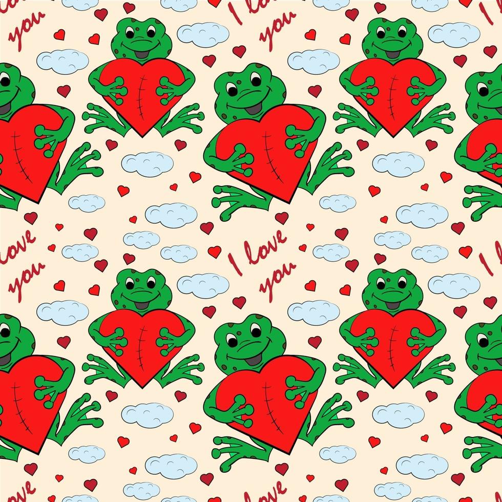 Color seamless childrens illustration with little frog hugging heart with I love you vector