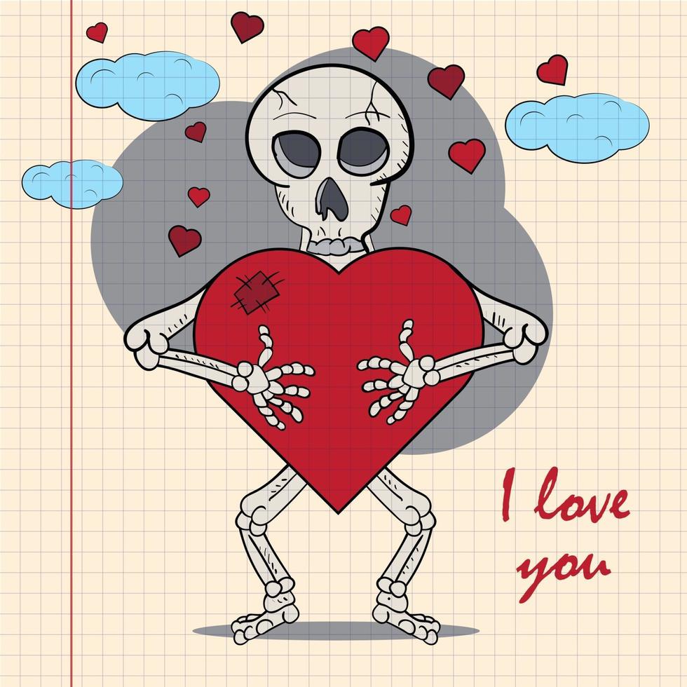 Color childrens illustration with little skeleton hugging heart vector