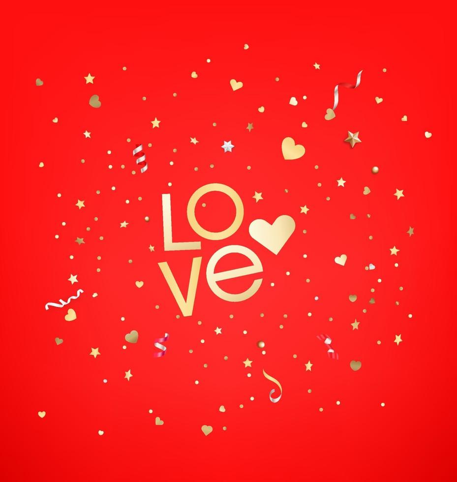 Confettis of stars and hearts. Love text. vector