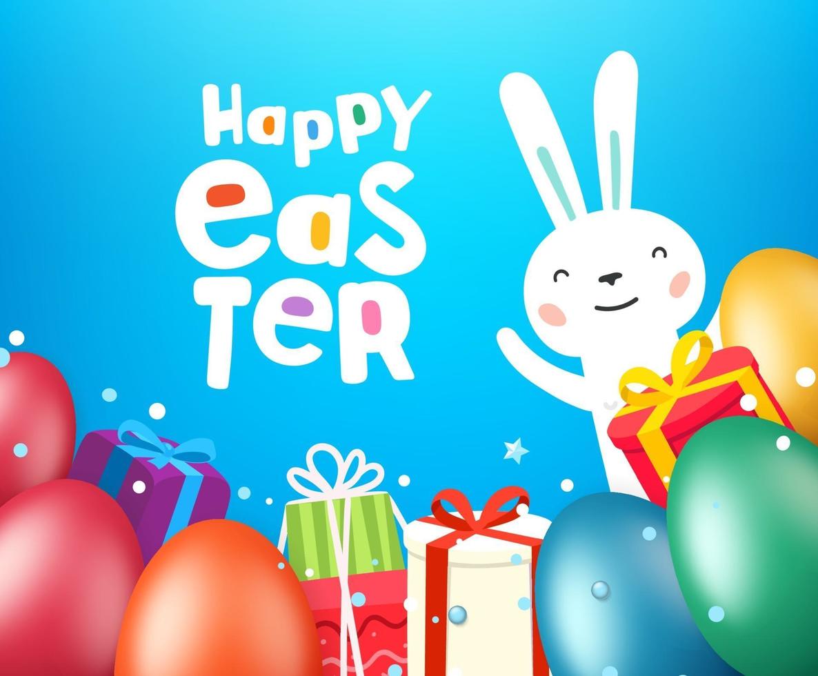 Happy Easter greeting card template with eggs and cute rabbit vector