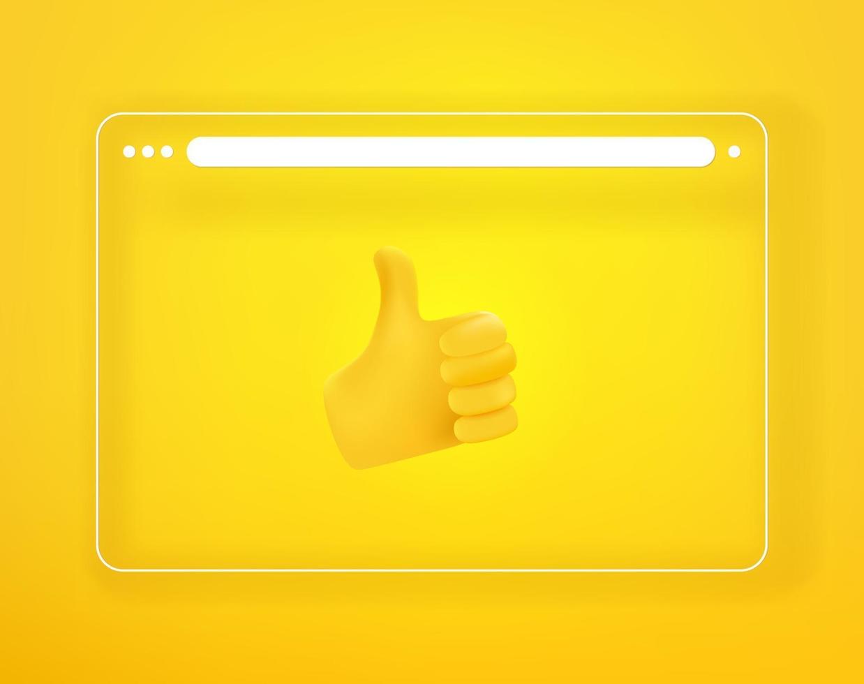 Simple flat browser window with thumbs up. 3d comic style editable vector illustration