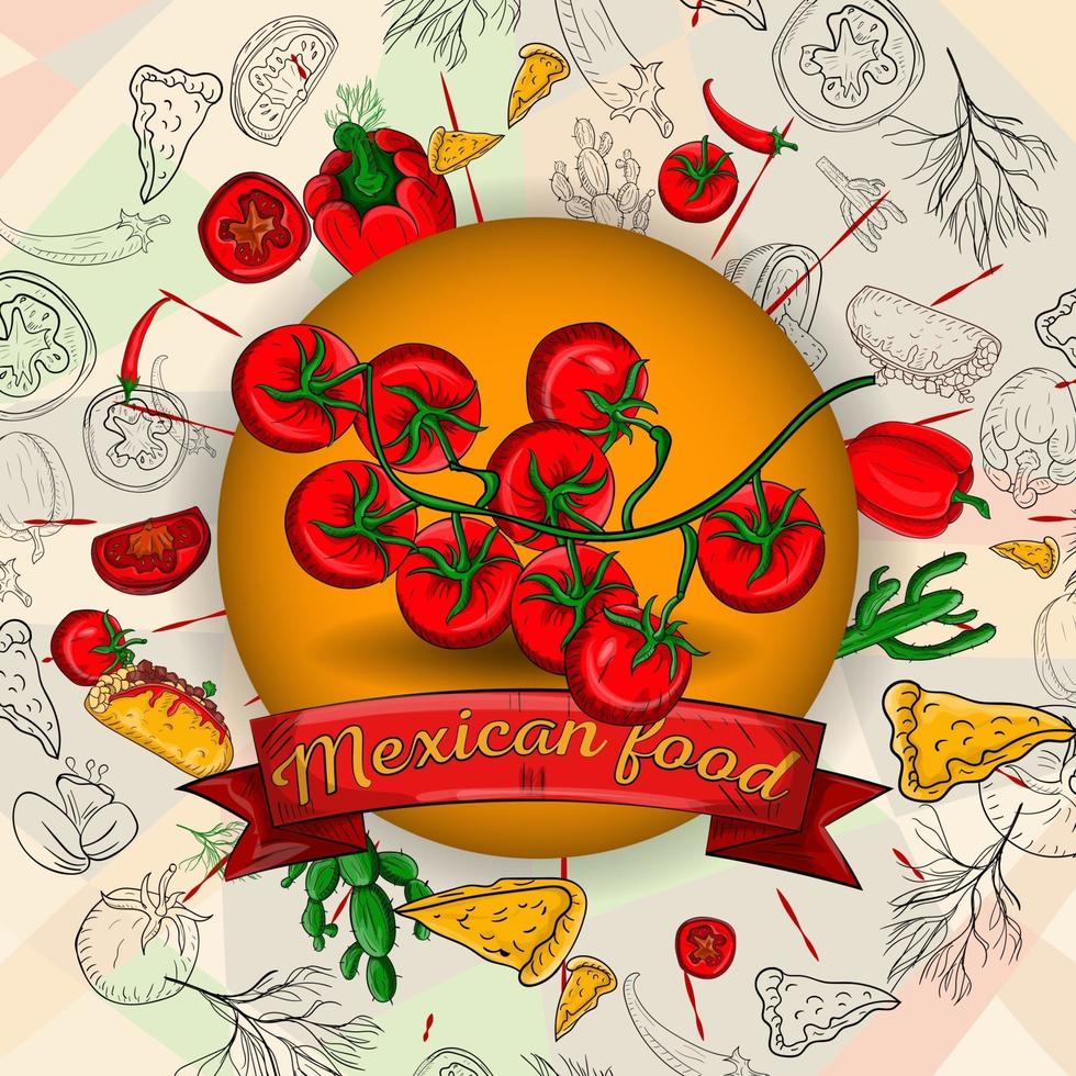 Ilustración de productos de cocina mexicana en un adorno circular vector