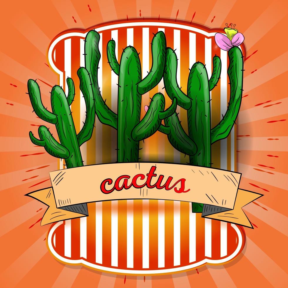 Ilustración de etiqueta de tres cactus con una flor. vector