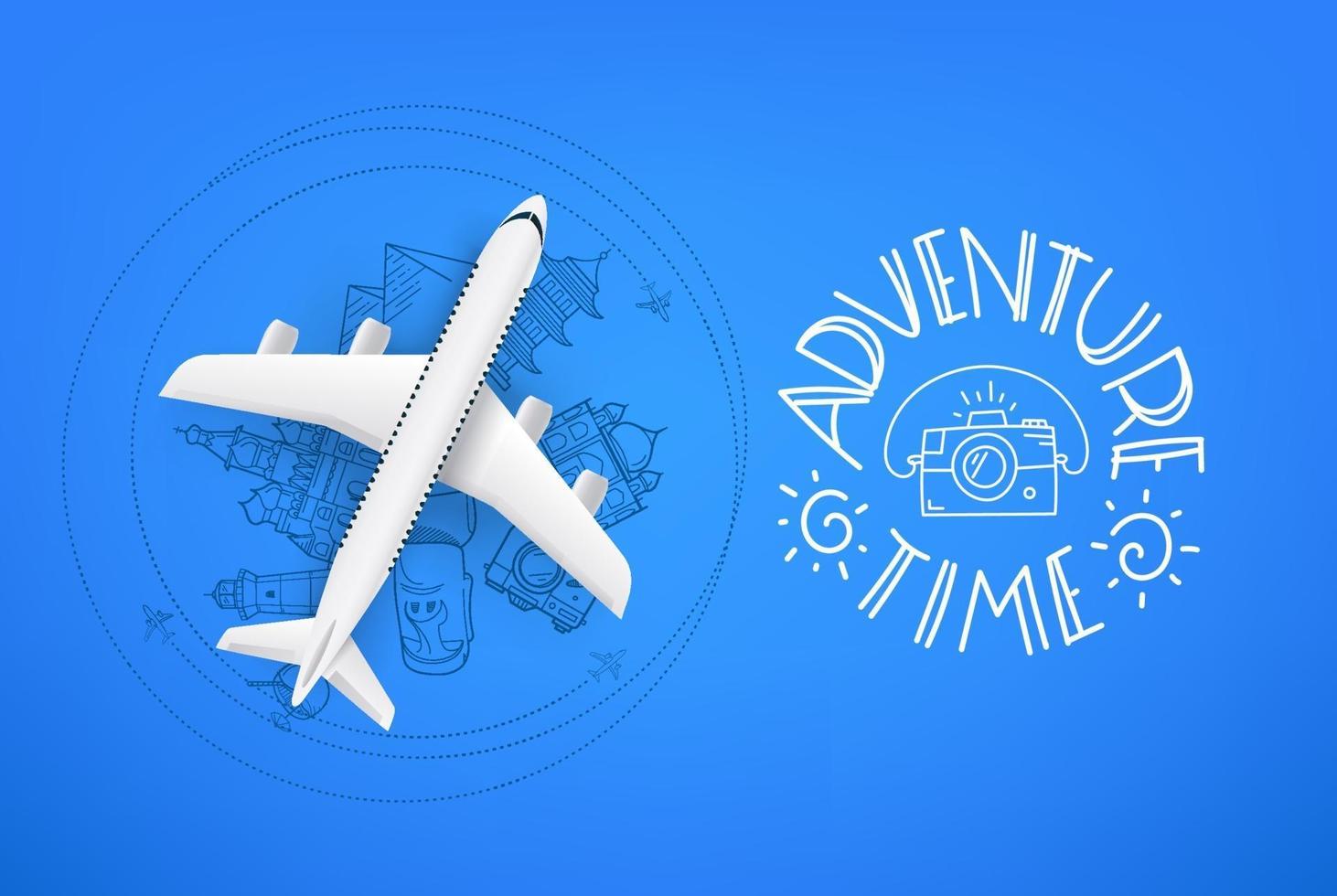 concepto de tiempo de aventura con modelo de avión y elementos de doodle, lugares famosos del mundo vector