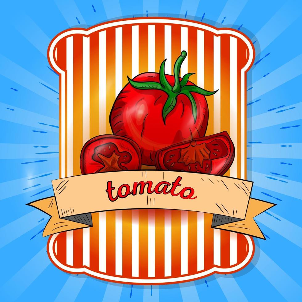 Ilustración de la etiqueta de un tomate entero y cortado en trozos vector