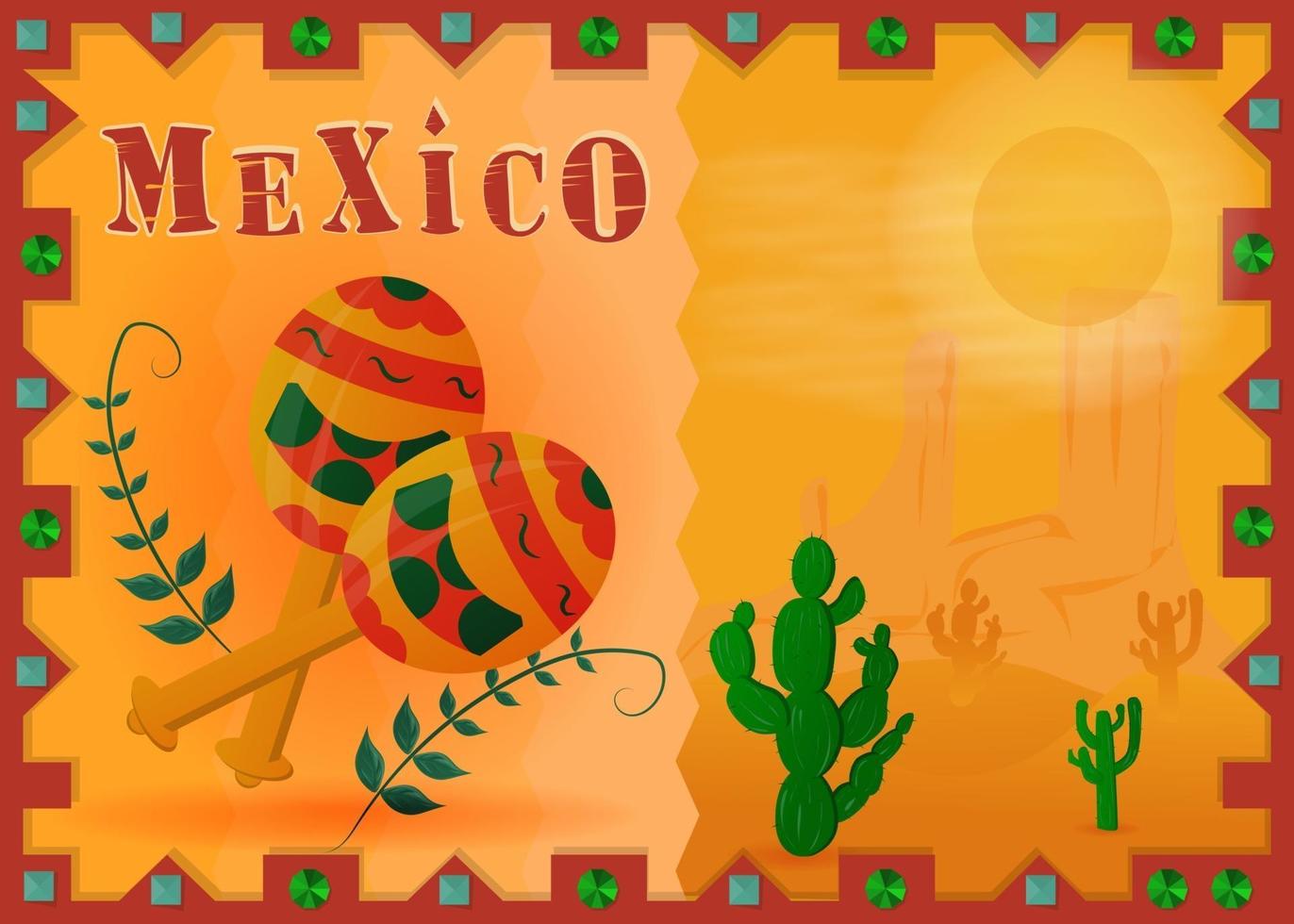 paisaje del desierto mexicano enmarcado con maracas y cactus vector