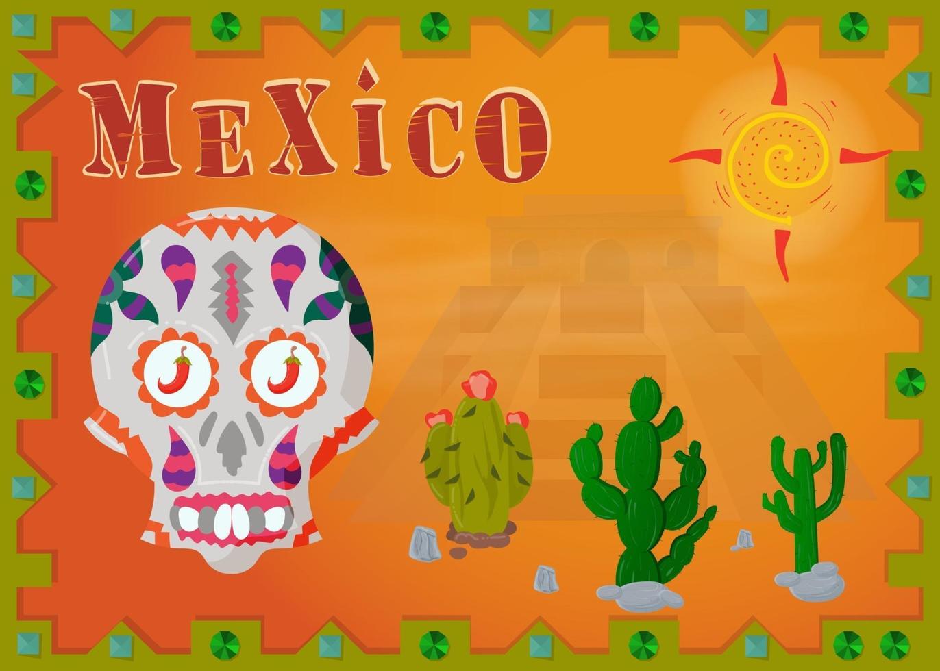 paisaje del desierto mexicano en el marco con calavera vector