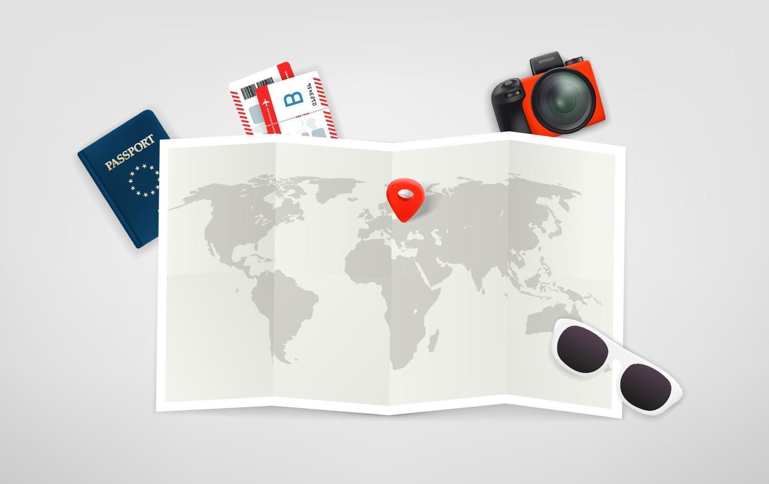 Travel illustration with paper map, digital camera, passport, sunglasses and red pin vector