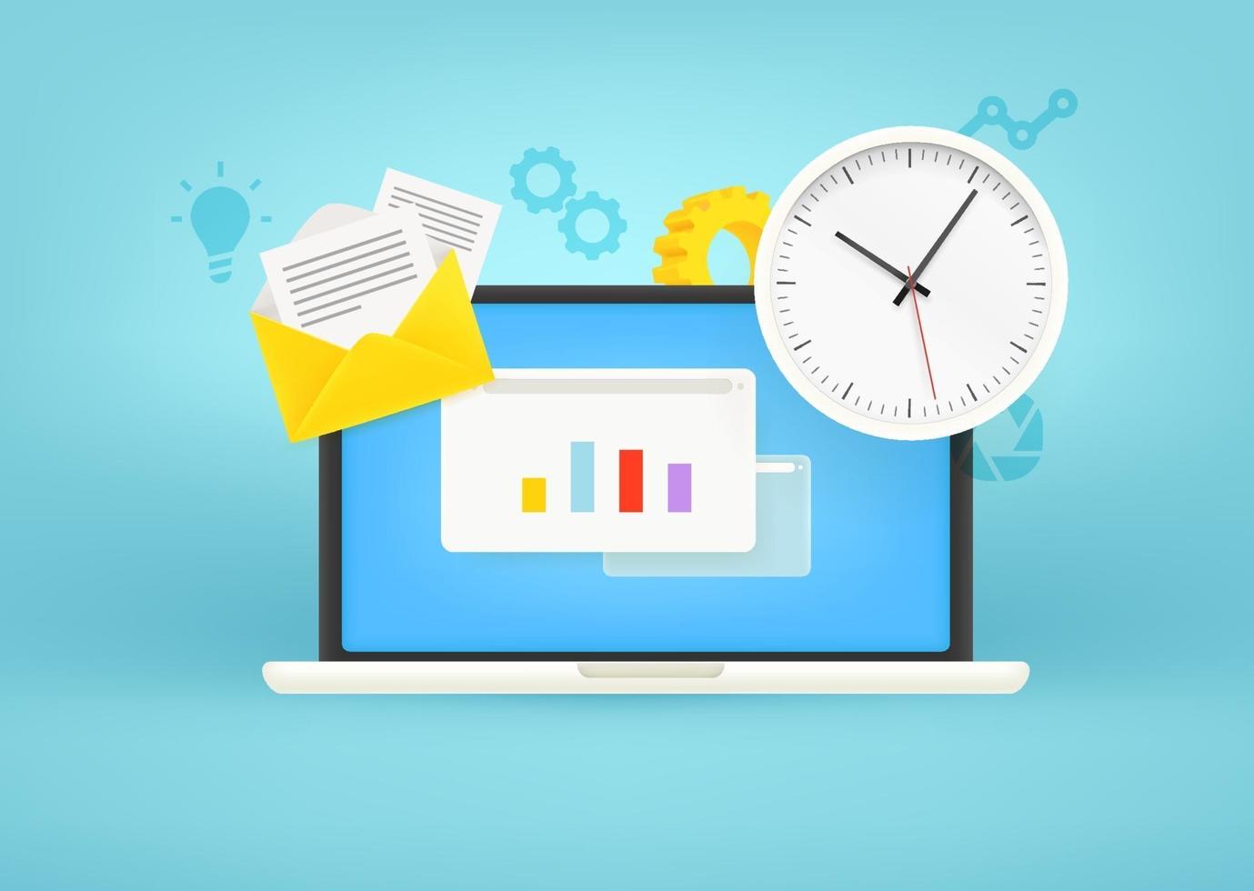 Time management concept. Modern laptop with clock and other stuff ...