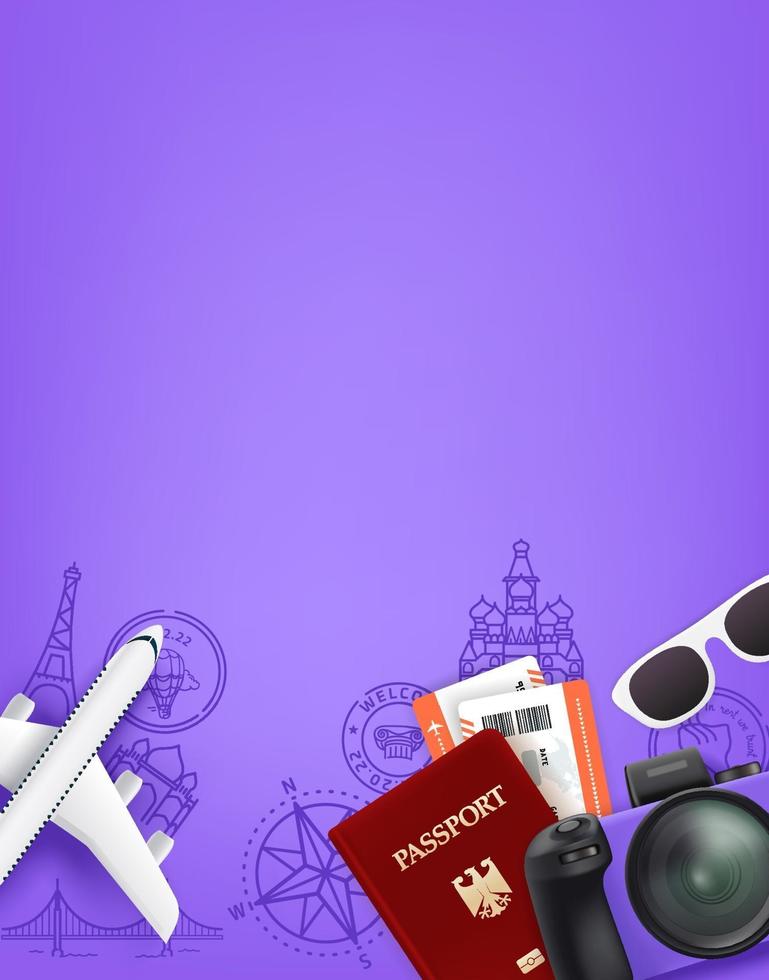 concepto de fondo violeta con material de viaje diferente. pasaporte, cámara digital, entradas, gafas de sol vector