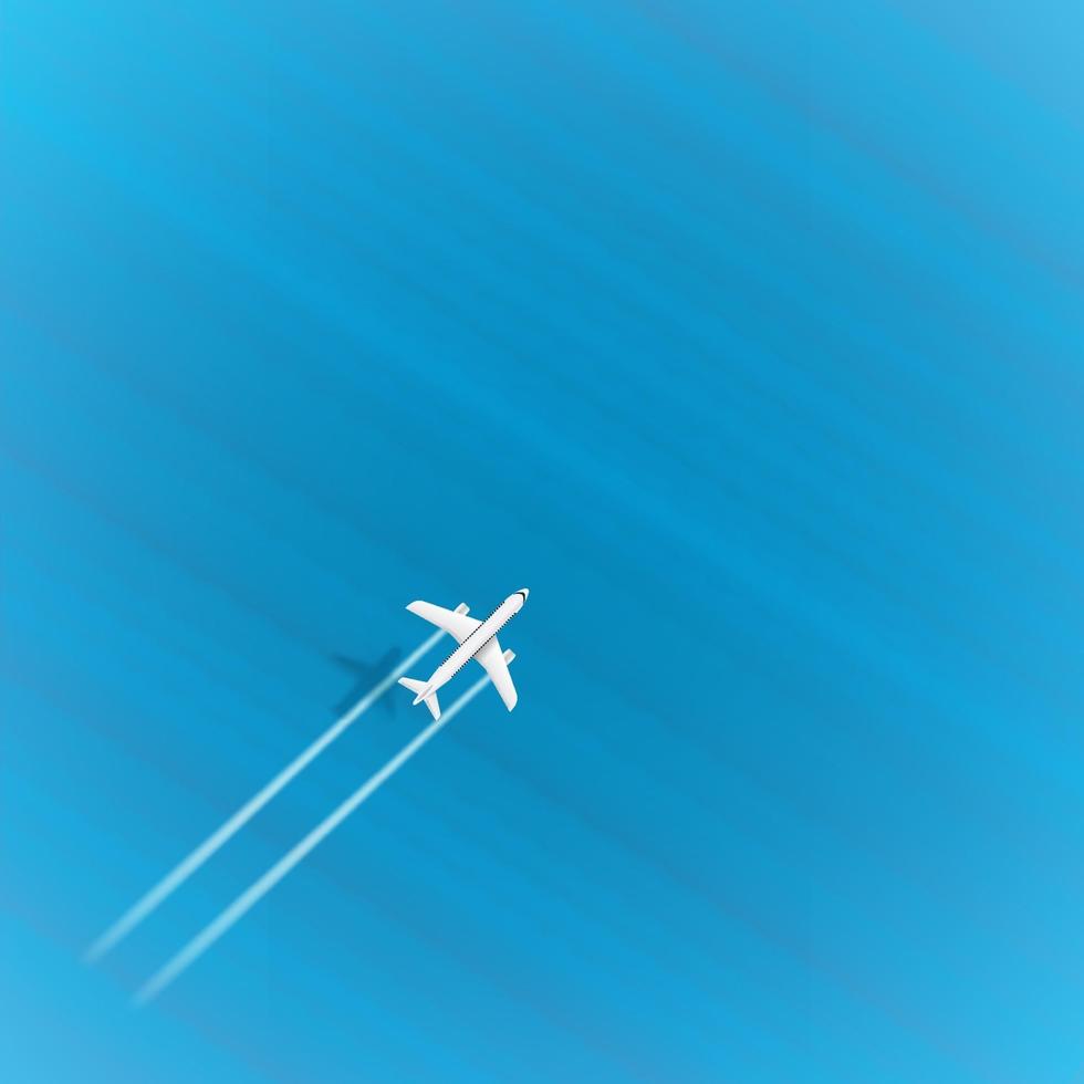 Jetliner flight above the blue sea on top speed. Aircraft with turbines trace and shadow. Template for design with copyspace vector