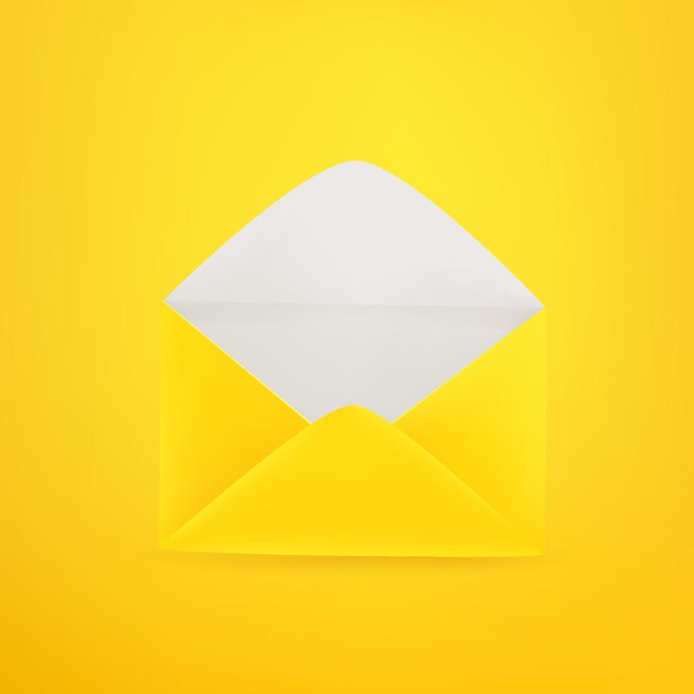 Yellow open empty envelope on yellow background. 3d comic style editable vector icon
